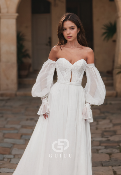 GW611 - Chic & Modern A-Line Sweetheart Long Bishop Sleeves Draped Tulle Long Wedding Dress with Sweep Train