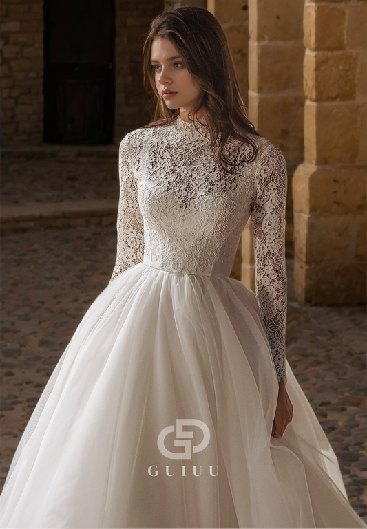 A Line High Neck Lace Long Sleeves Vintage Wedding Dress