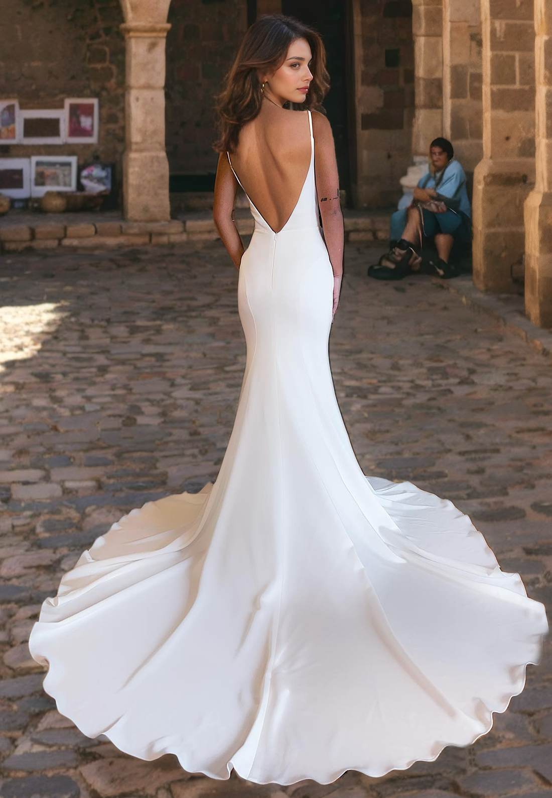 Mermaid Low V Neck Straps Sleeveless Open Back Satin Wedding Dress with Train