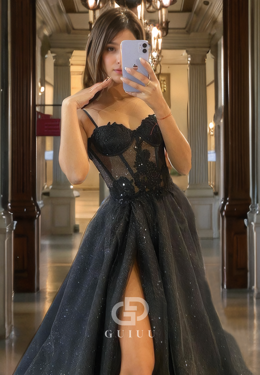 G2811 - Classic & Timeless Glitter A-Line Sweetheart Sheer Black Prom Evening Dress