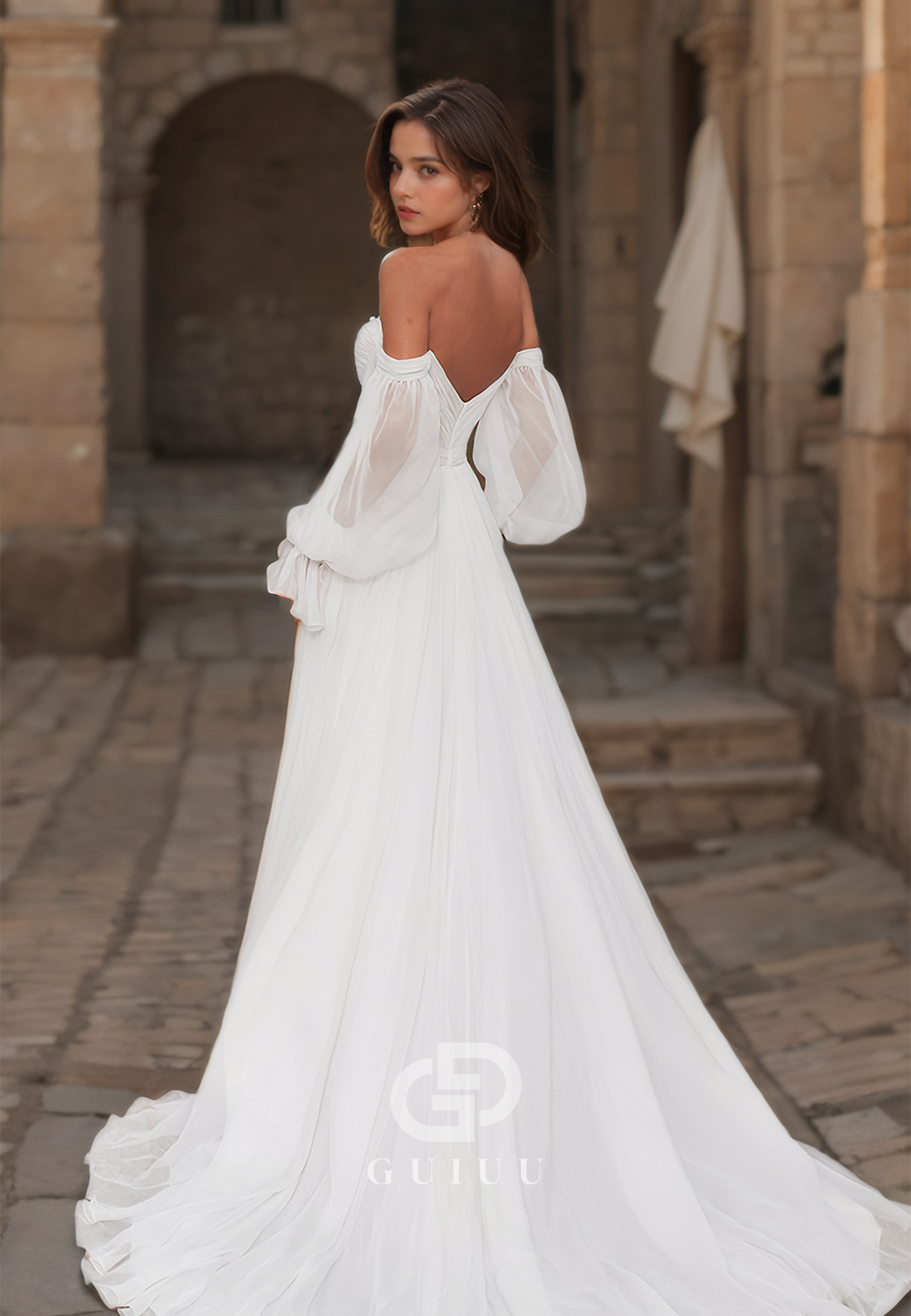 GW611 - Chic & Modern A-Line Sweetheart Long Bishop Sleeves Draped Tulle Long Wedding Dress with Sweep Train