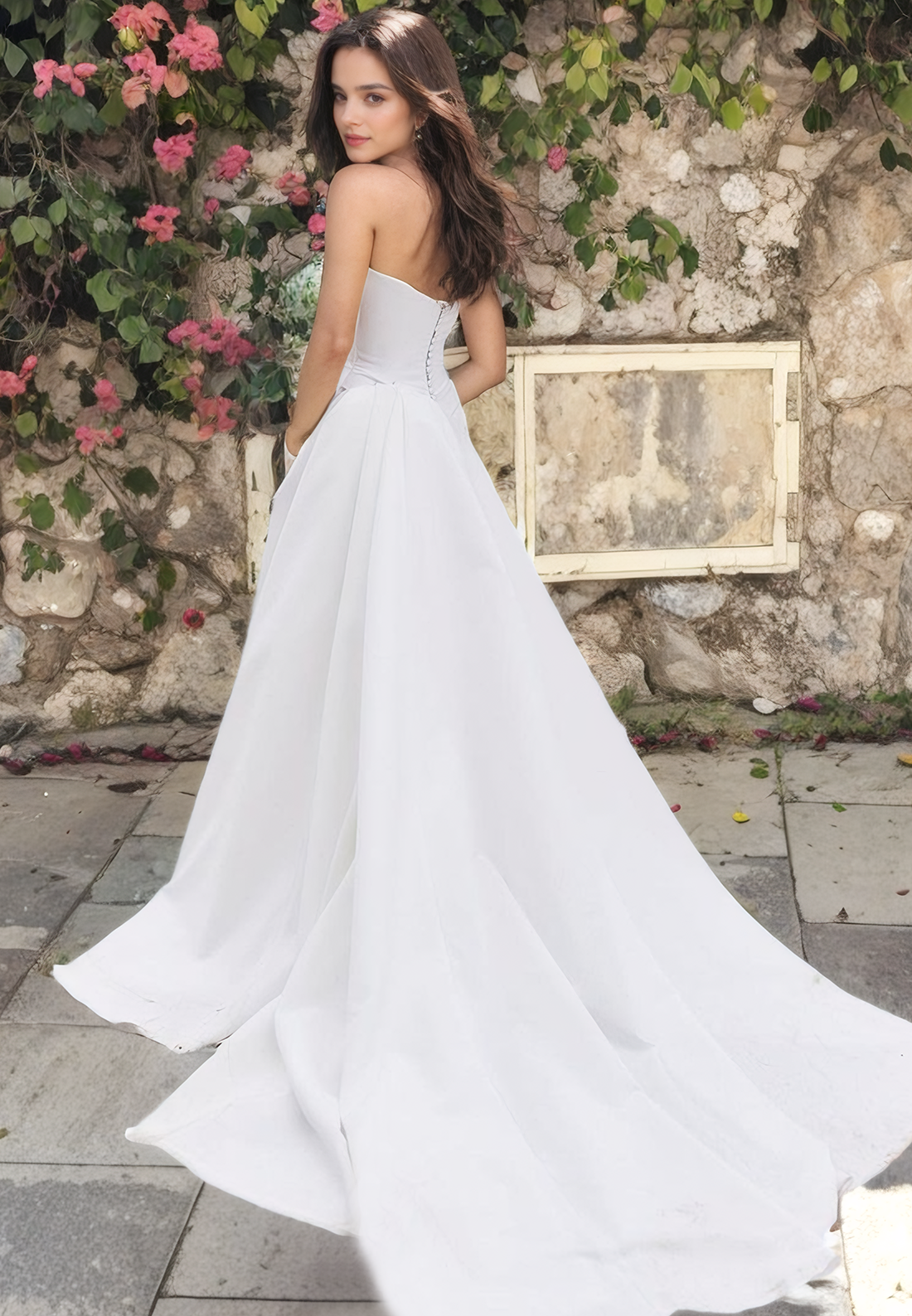 Sheath Boat Neck Sleeveless Pleated Long Wedding Dress with High Side Slit and Train