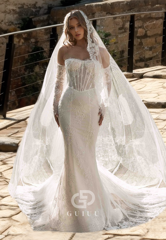 Strapless Long Sleeves Allover Lace Mermaid Wedding Dress with Train