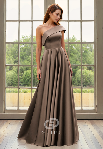 A-Line One SHoulder Sleeveless Pleated Back Zipper Mother of Bride Dress