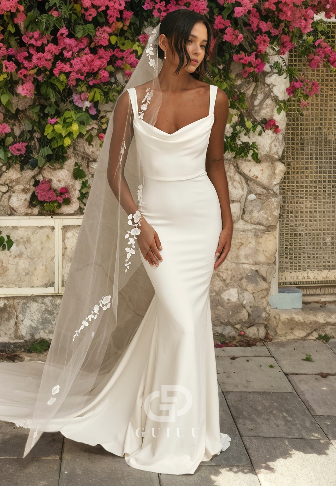 Mermaid Strapless Straps Sleeveless Pleated Beach Wedding Dress with Train and Veil