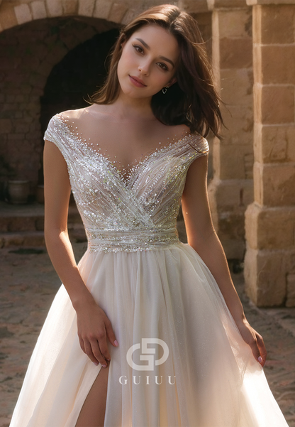 A-Line V Neck Straps Sleeveless Beaded Sequins Wedding Dress with High Side Slit and Train