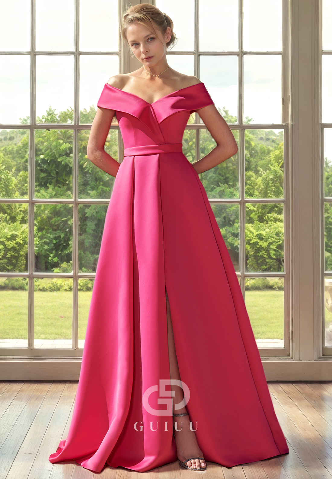 A-Line Off Shoulder Sleeveless Pleated Back Zipper Mother of Bride Dress with Slit