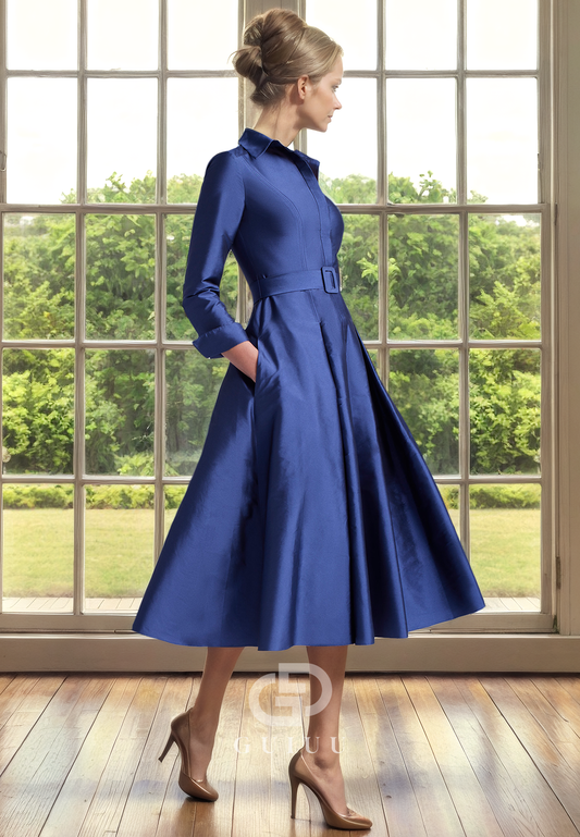 A-Line Long Sleeves Tea Length Mother of Bride Dress