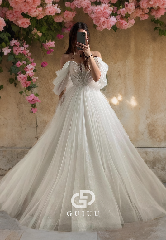 GW807 - Simple & Casual A-Line Off-Shoulder V-Neck Appliques Wedding Dress