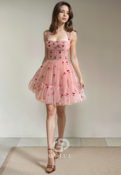 A-Line Square Neck Straps Sleeveless Pleated Tulle Lace Up Homecoming Dress