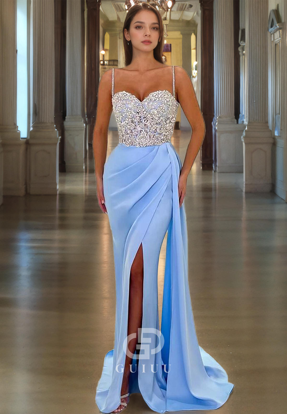 Sheath Strapless Straps Sleeveless Appliques Pleated Long Prom Dress with High Side Slit and Train