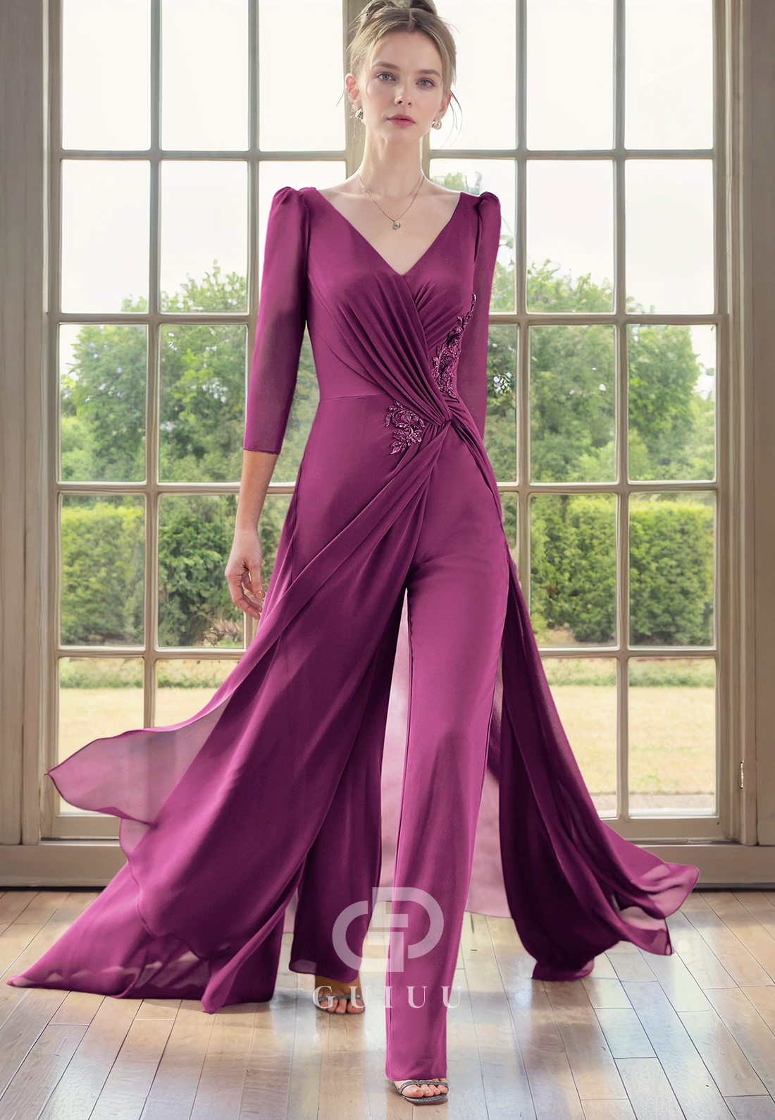 Jumpsuit V Neck 34 Length Sleeves Pleated Appliques Back Zipper Mother of Bride Dress