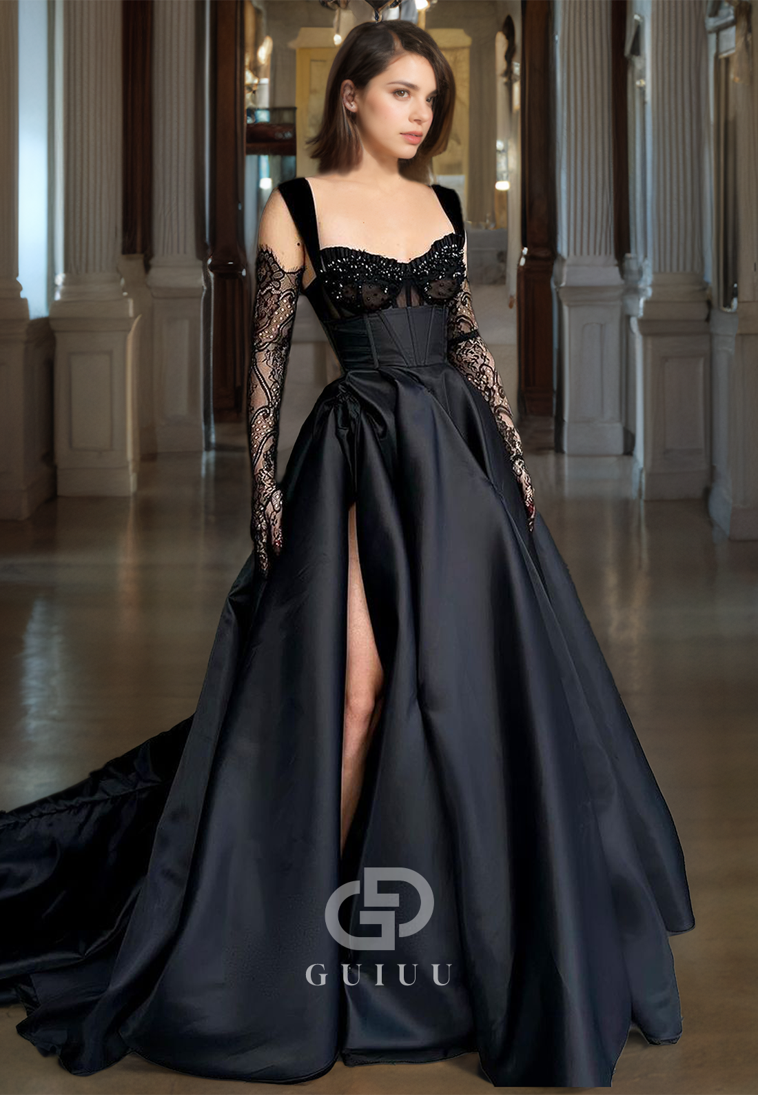 A-Line Strapless Sleevelss Beaded Long Prom Dress with High Side Slit and Train (without Gloves)