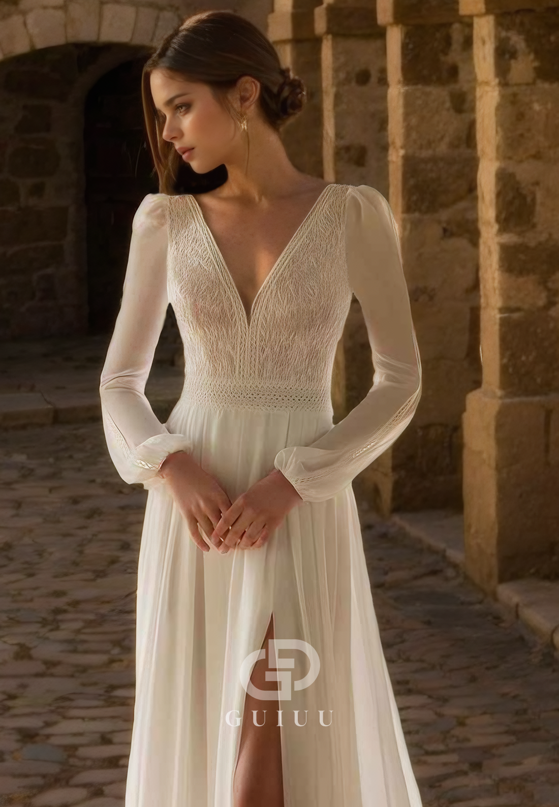 Elegant A-Line V Neck Long Sleeves Lace Chiffon Wedding Dress