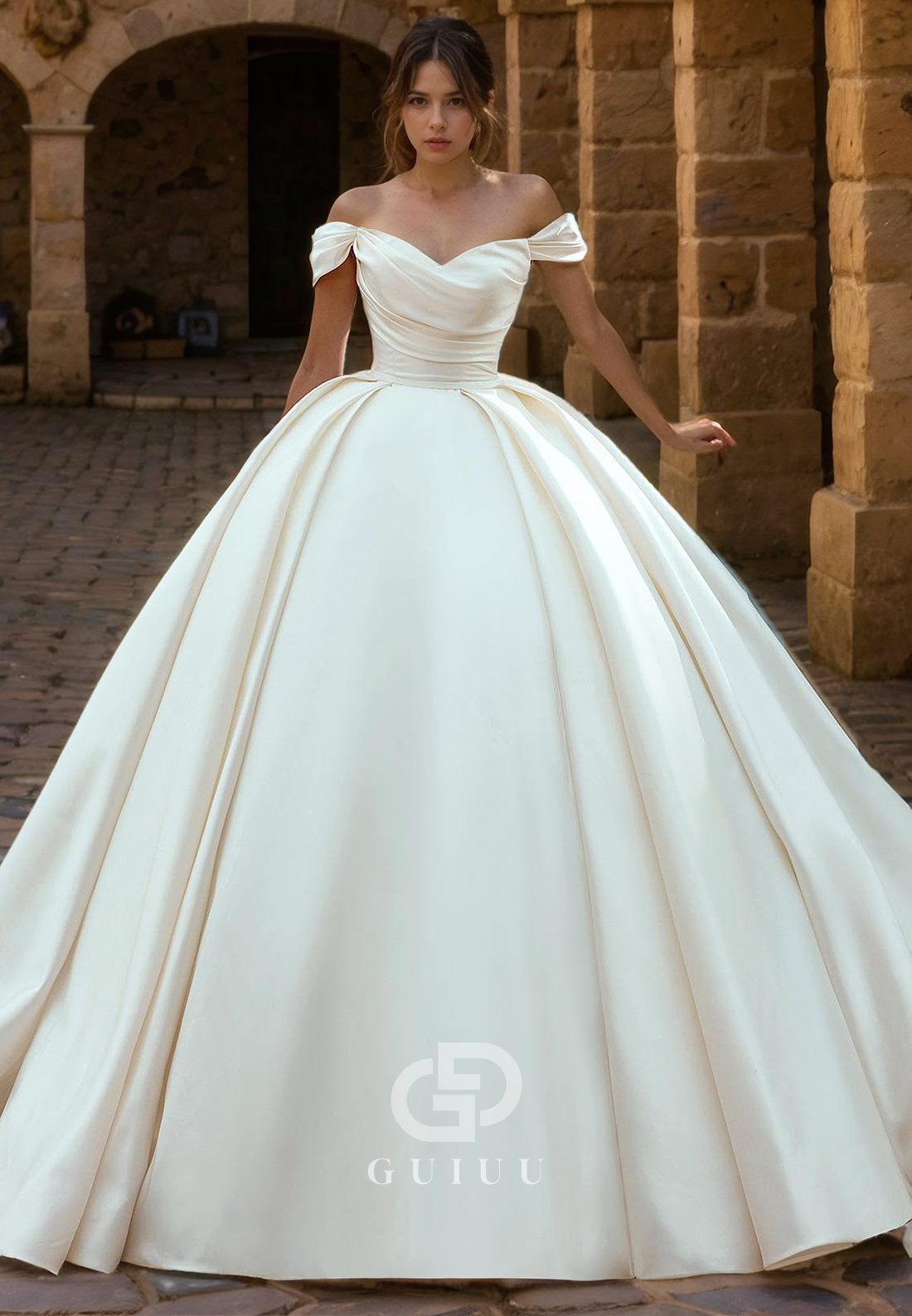 Elegant A-Line Off Shoulder Sleeveless Pleated Satin Wedding Dress