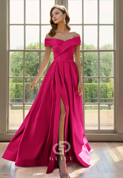 A-Line Off Shoulder Sleeveless Pleated Mother of Bride Dress with Slit