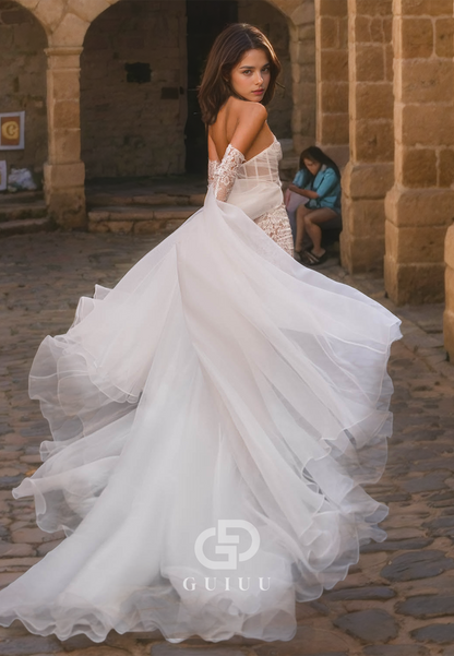 A-Line Strapless Sleeveless Pleated Tulle Wedding Dress with High Side Side Slit and Train