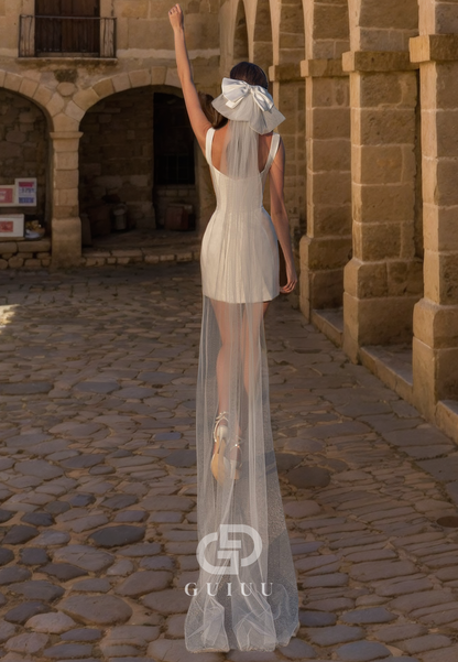 A-Line Square Strapless Sleeveless Satin Mini Wedding Dress with Veil