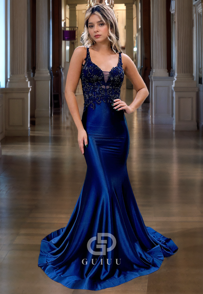 Mermaid V Neck Straps Sleeveless Appliques Beaded Long Prom Dress with Train