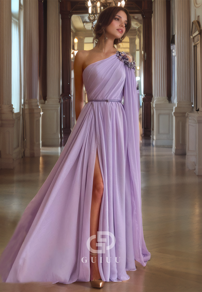 A-Line One Shoulder Sleeveless Pleated Beaded Long Prom Dress with High Side Slit