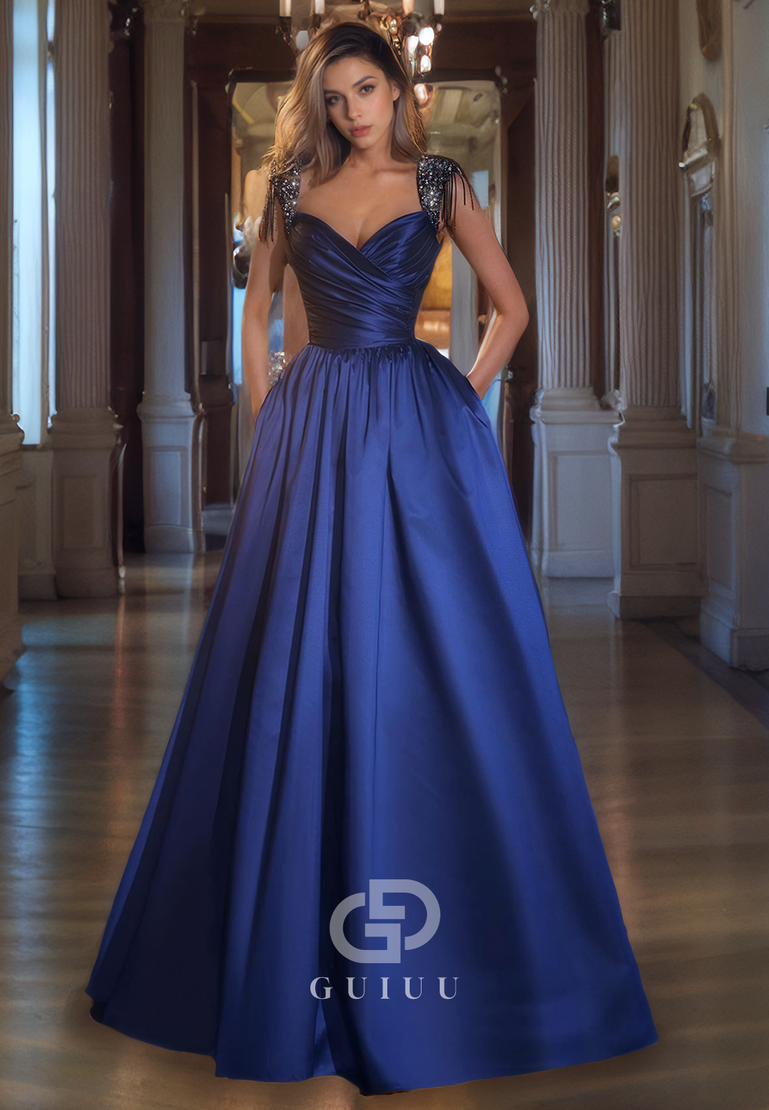 A-Line Strapless Sleeveless Straps Pleated Beaded Long Prom Dress