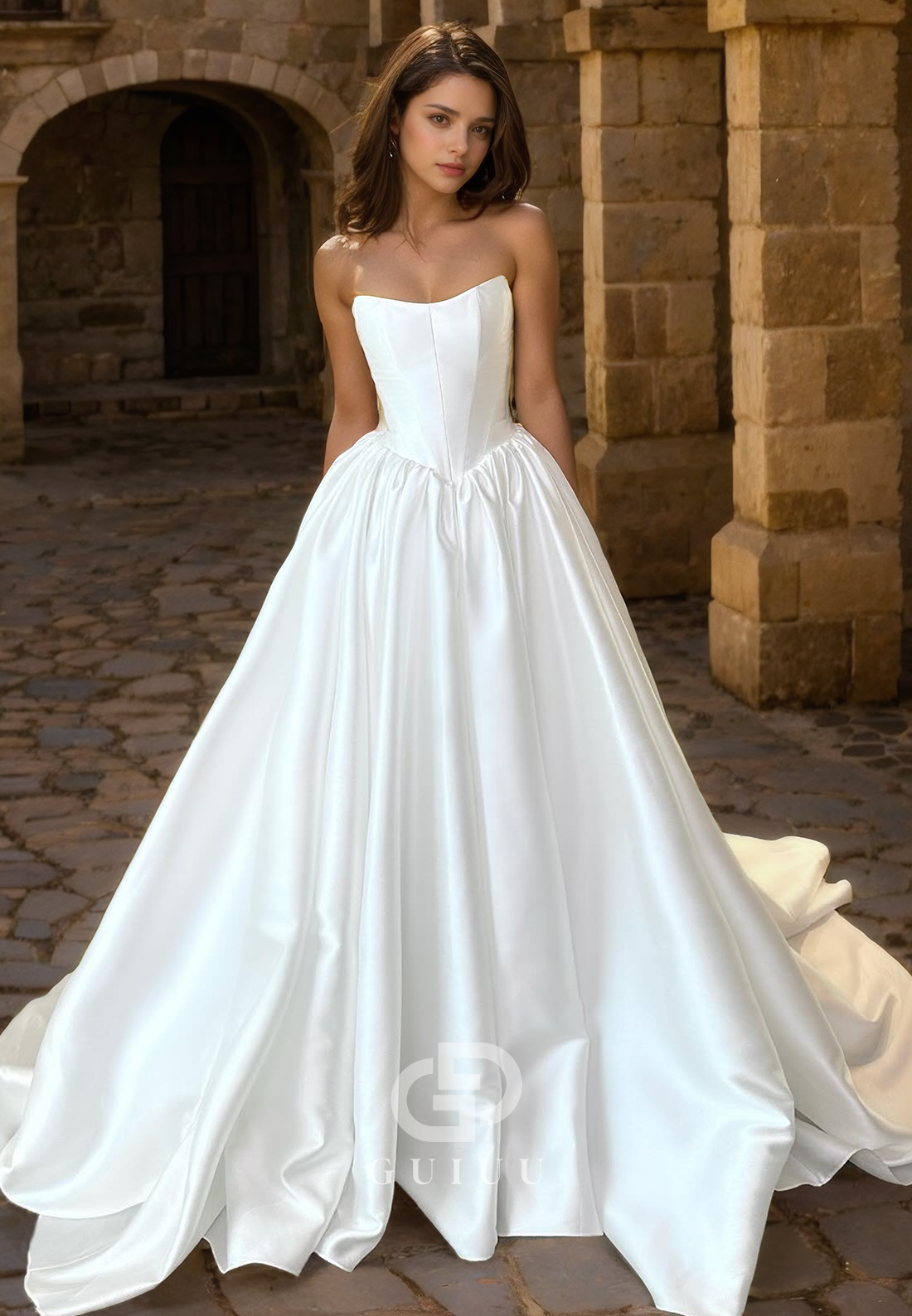 Elegant A-Line Strapless Sleeveless Satin Wedding Dress with Train