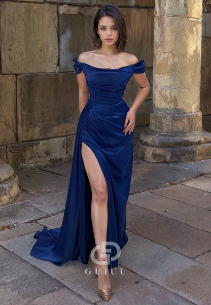 Sheath Off Shoulder Sleeveless Pleated Long Prom Dress with High Side Slit and Train