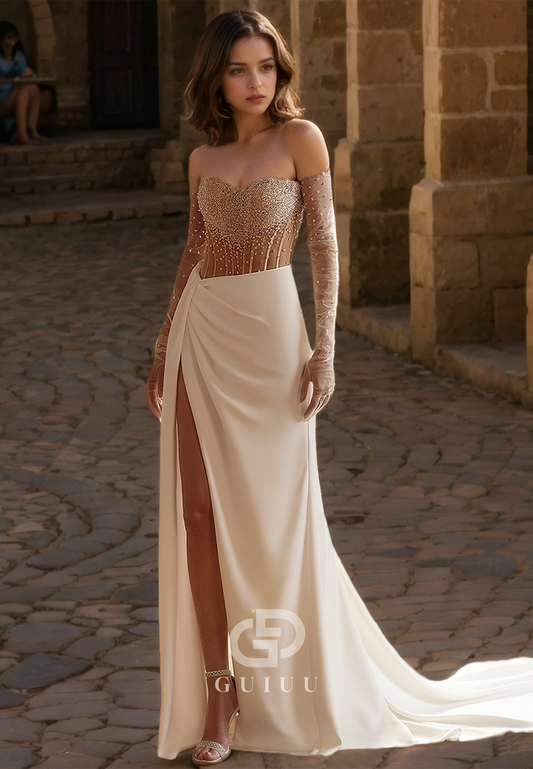 Sheath Sweetheart Beads Side Slit Beach Wedding Dress