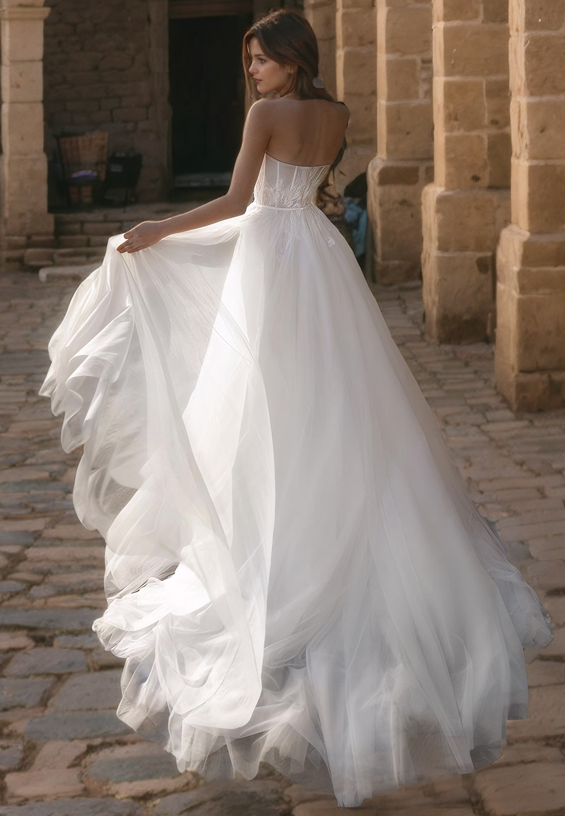 A-Line Strapless Sleeveless Appliques Back Zipper Appliques Tulle Wedding Dress with Train