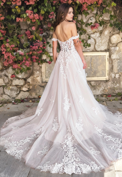 A-Line Off Shoulder Sleeveless Fully Lace Appliques Tulle Boho Wedding Dresss with High Side Slit and Train