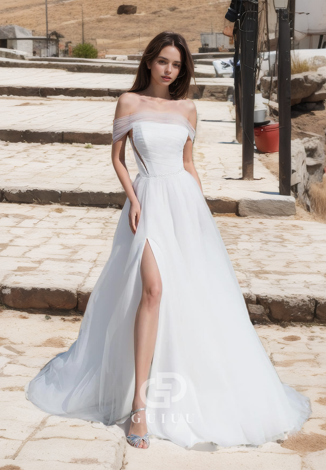 GW614 - Chic & Modern A-Line Asymmetrical Tulle Beaded Long Wedding Dress with High Side Slit and Sweep Train