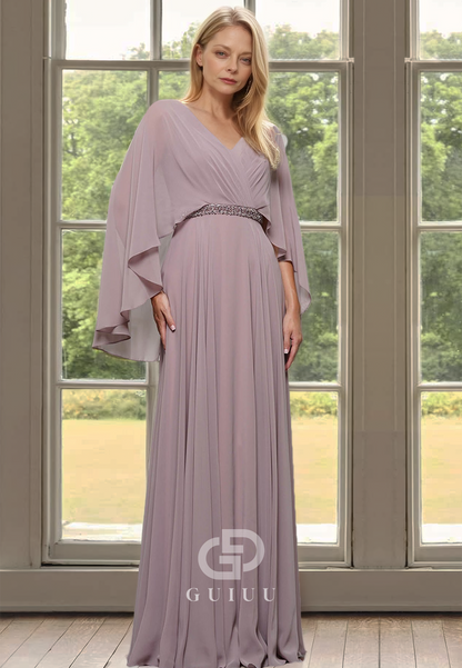 Simple A-Line Cap Sleeves V-Neck Empire-Waist Floor-Length Chiffon Mother of the Bride Dress