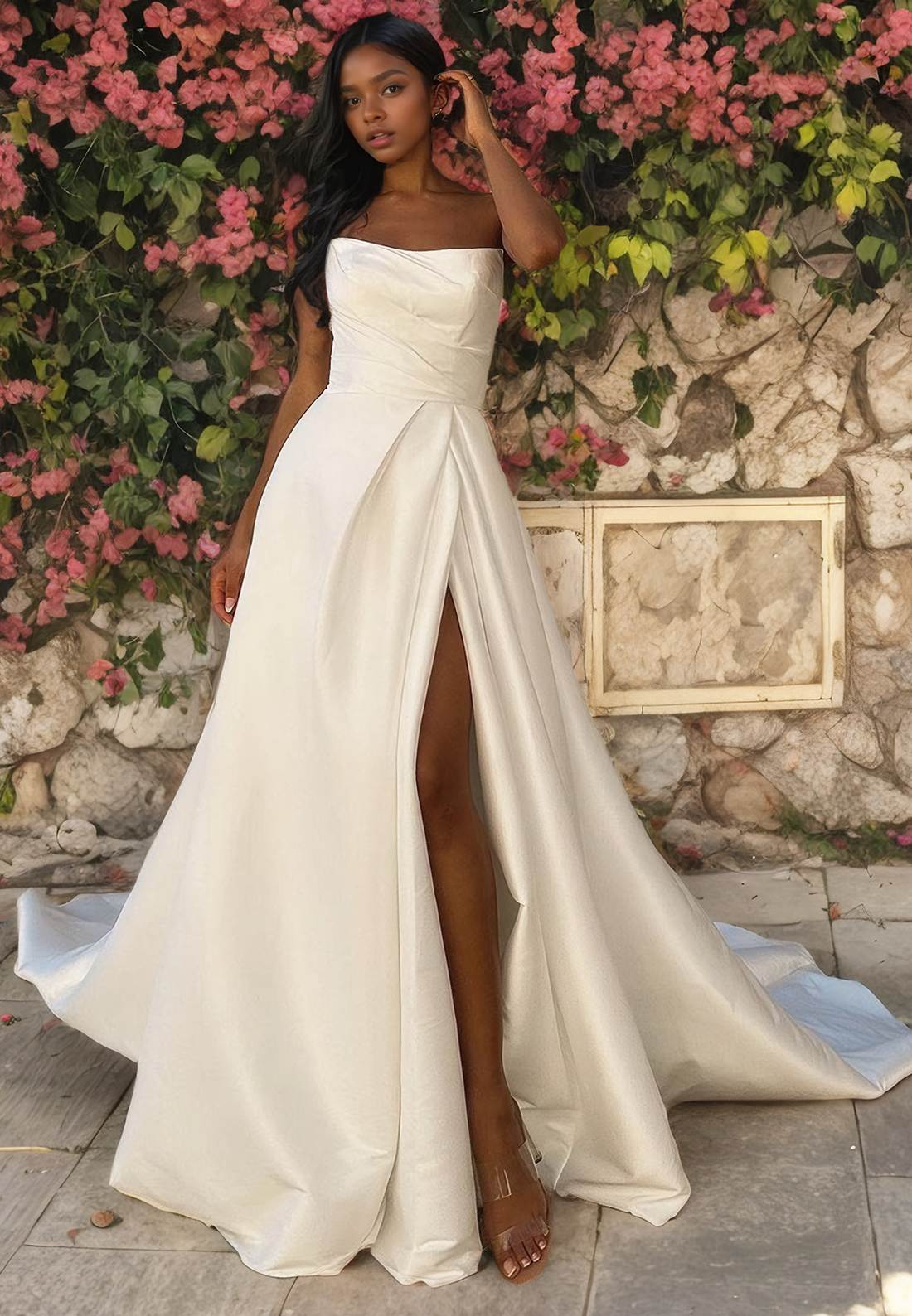 A-Line Strapless Sleeveless Pleated Long Satin Wedding Dress with High Side Slit and Train