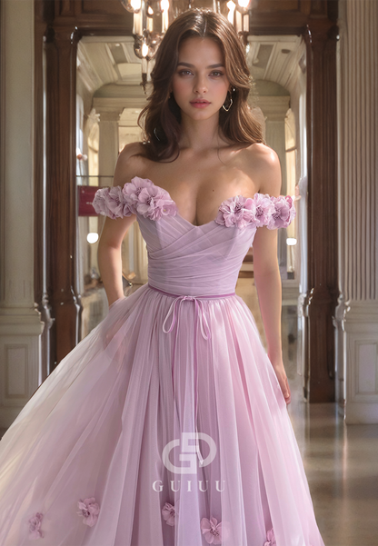 A-Line Off Shoulder Sleeveless Pleated Long Prom Dress with High Side Slit and Flowers