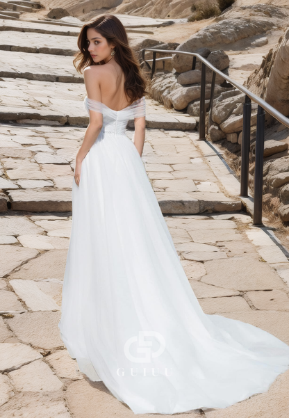 GW614 - Chic & Modern A-Line Asymmetrical Tulle Beaded Long Wedding Dress with High Side Slit and Sweep Train