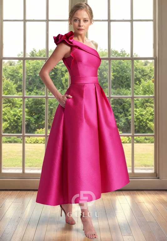 A-Line One Shoulder Sleeveless Ruffles Back Zipper Mother of Bride Dress