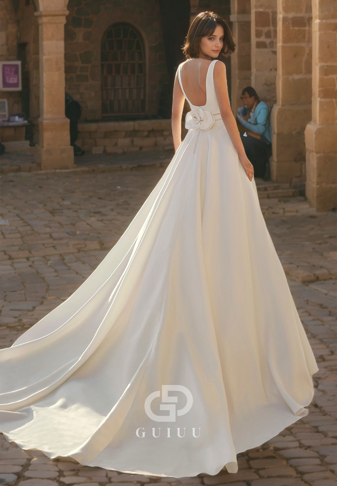 A-Line Square Straps Sleeveless Satin Open Back Long Wedding Dress with Train