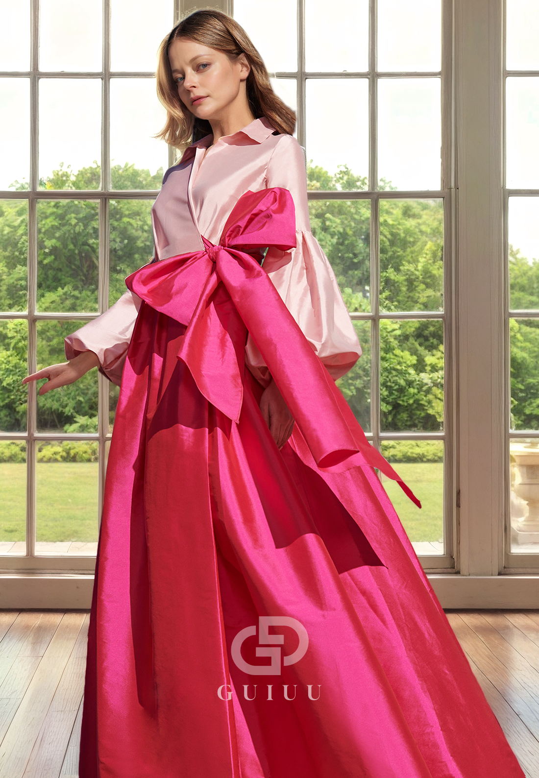 A-Line Long Lantern Sleeves Bow Knot Mother of Bride Dress