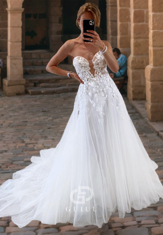 A-Line Strapless Sleeveless Applique Tulle Wedding Dress with Train