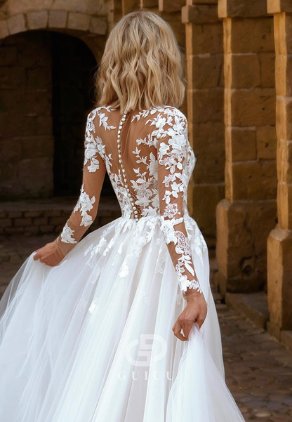 GW1045 - A-Line V Neck Long Sleeves Appliques Tulle Beach Wedding Dress