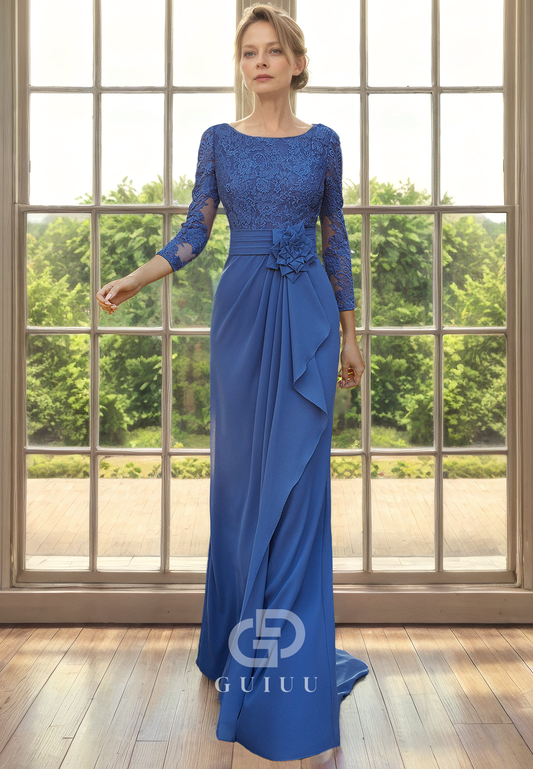 Sheath Scoop Neck 34 Length Sleeves Lace Appliques Ruffles Mother of Bride Dress with Train