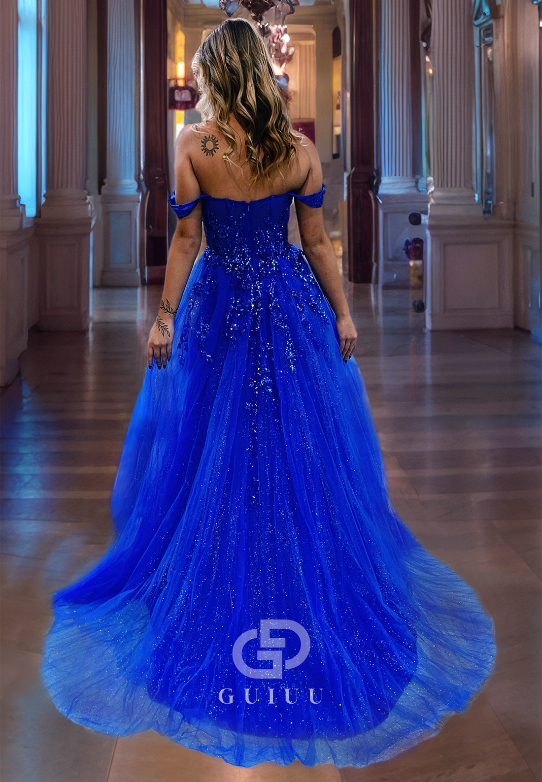 A-Line Off Shoulder Sleeveles Appliques Beaded Long Prom Dress with Train