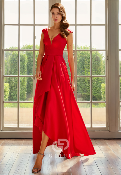 A-Line V Neck Straps Sleeveless Pleated High Low Mother of Bride Dress