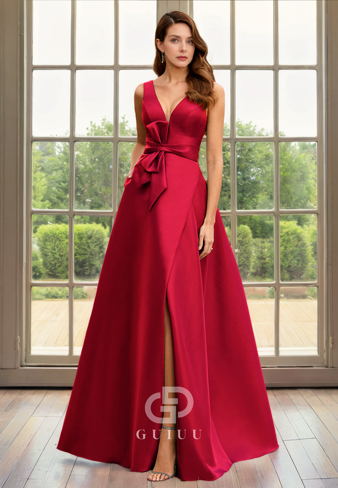 A-Line V Neck Straps Sleeveless Pleated Long Mother of Bride Dress with Slit