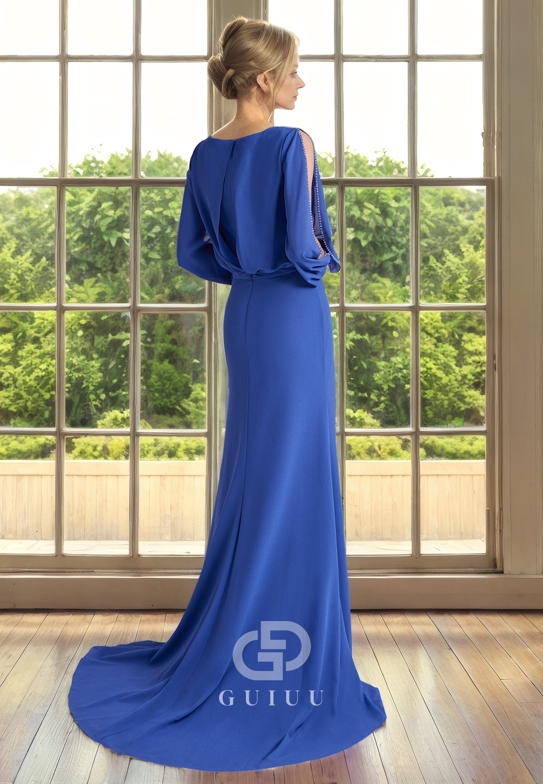 Sheath V Neck Long Sleeves Chiffon Mother of Bride Dress with Train