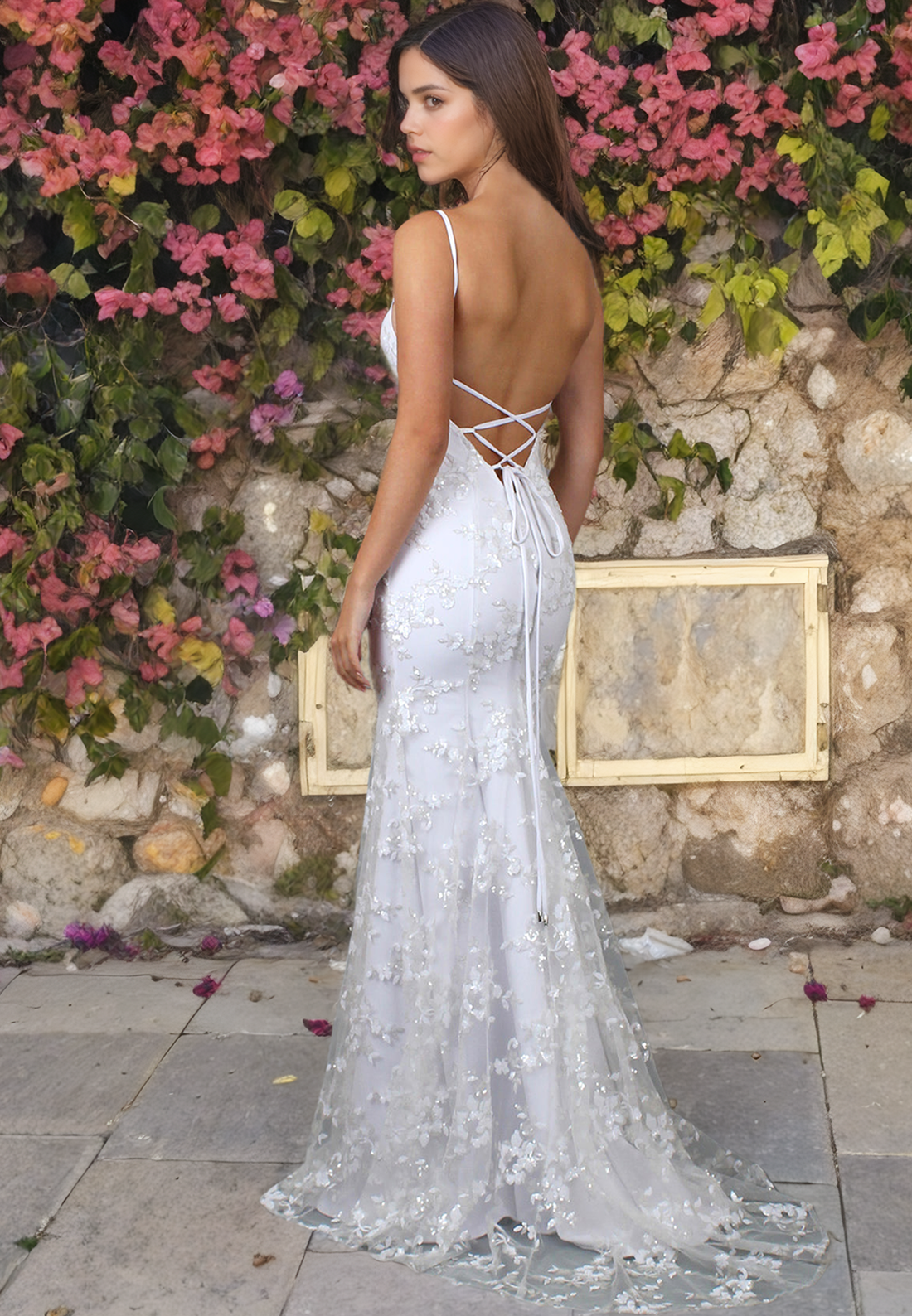 Mermaid V Neck Strps Sleeveless Fully Lace Appliques Lace Up Wedding Dress with Train