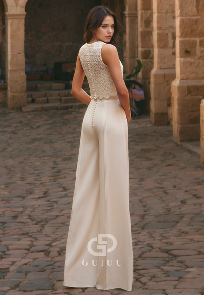 Jumpsuit Strapless Sleeveless Satin Wedding Dress with Lace Jacket