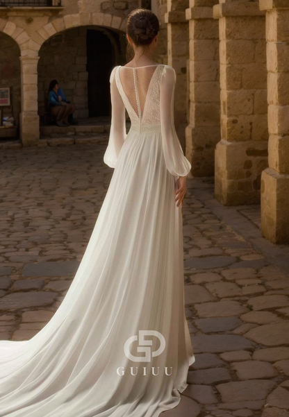 Elegant A-Line V Neck Long Sleeves Lace Chiffon Wedding Dress