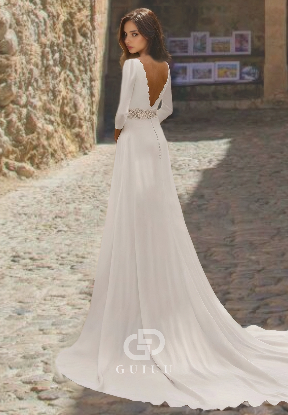 GW651 - Chic & Modern A-Line Bateau Quarter Sleeves V-Back Floral Lace Wedding Dress with Overlay and Sweep Train