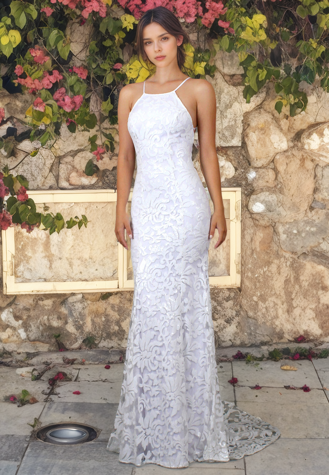 Mermaid Halter Sleeveless Fully Lace Open Back Long Wedding Dress with Train